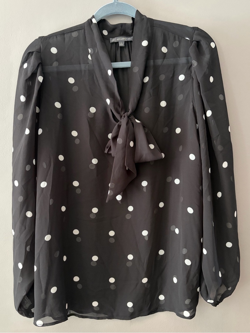 Adrianna Papell Black and White Polka Dot Tie-Neck Blouse
